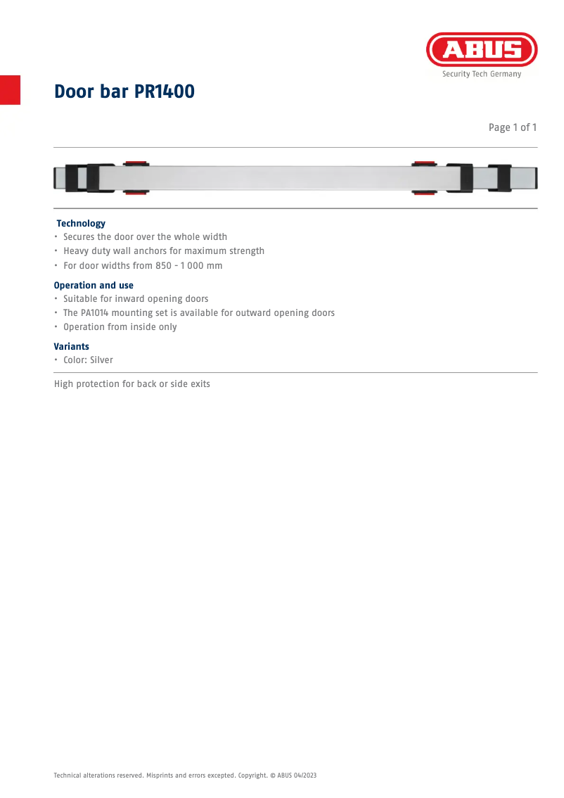 Page 1 of the manual Technical Sheet Abus Bar