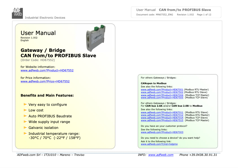 First page image of the manual for HD67552