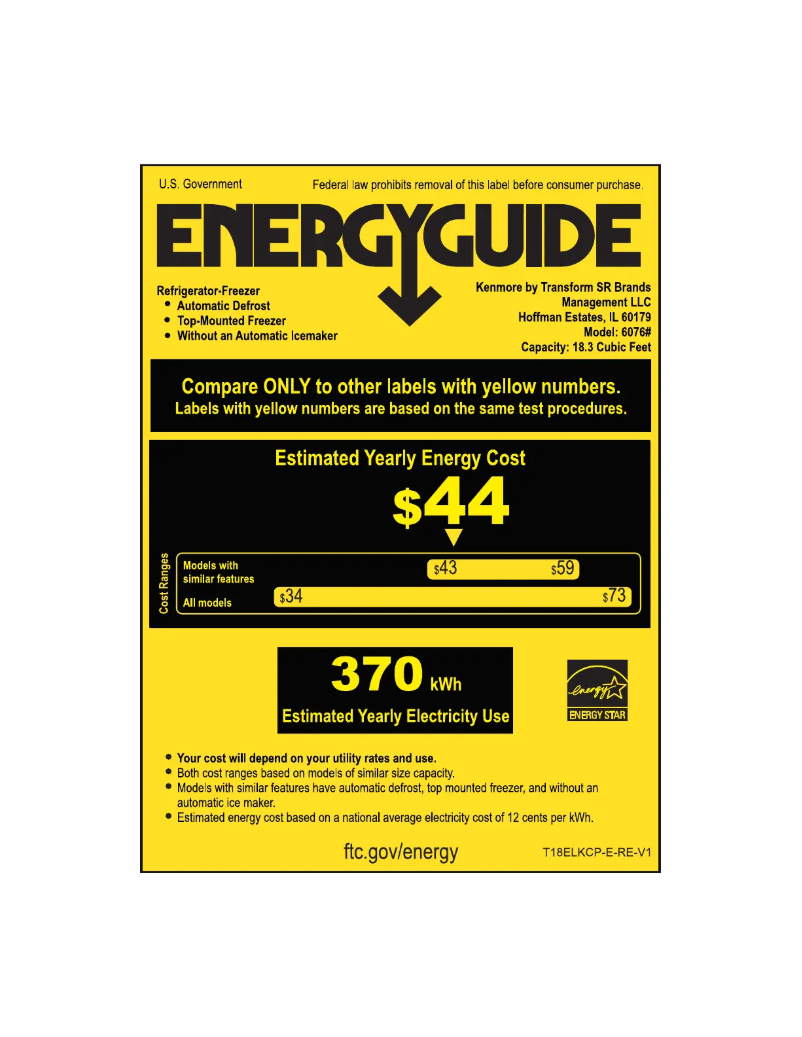 Page 1 of the manual Energy Label Kenmore 60762