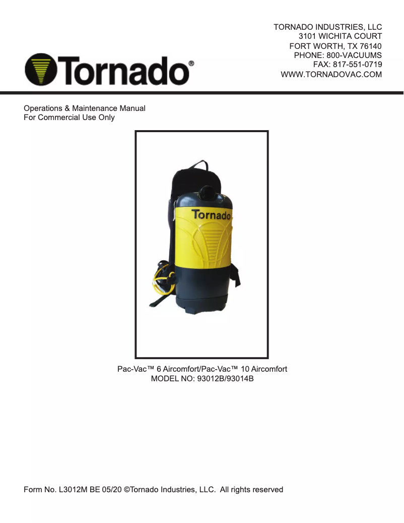 First page image of the manual for Pac-Vac 93012B