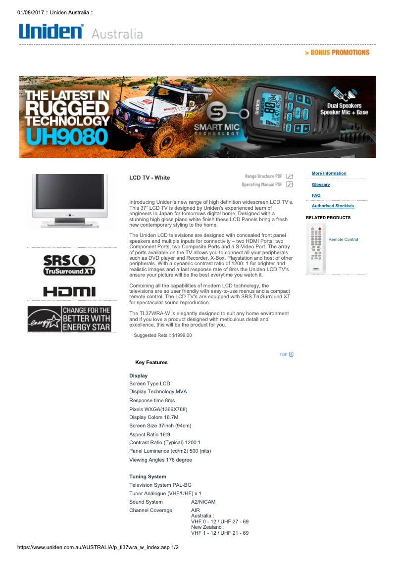 First page image of the manual for TL37WRA-W