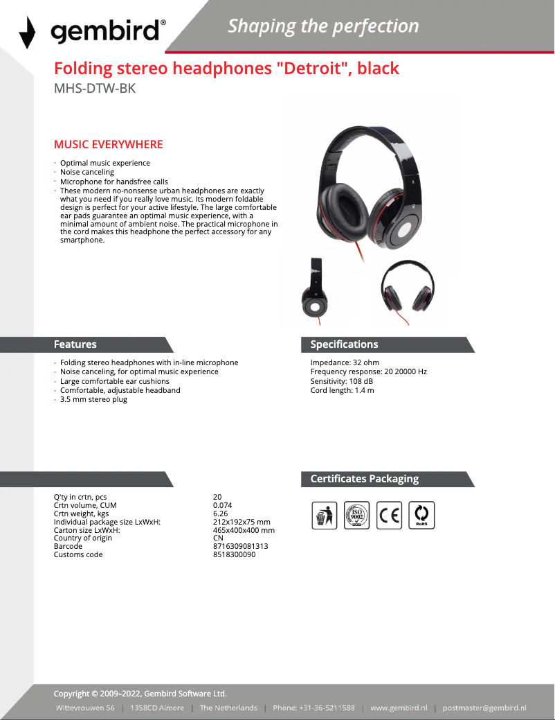 Page 1 of the manual User Manual Gembird Detroit MHS-DTW-BK