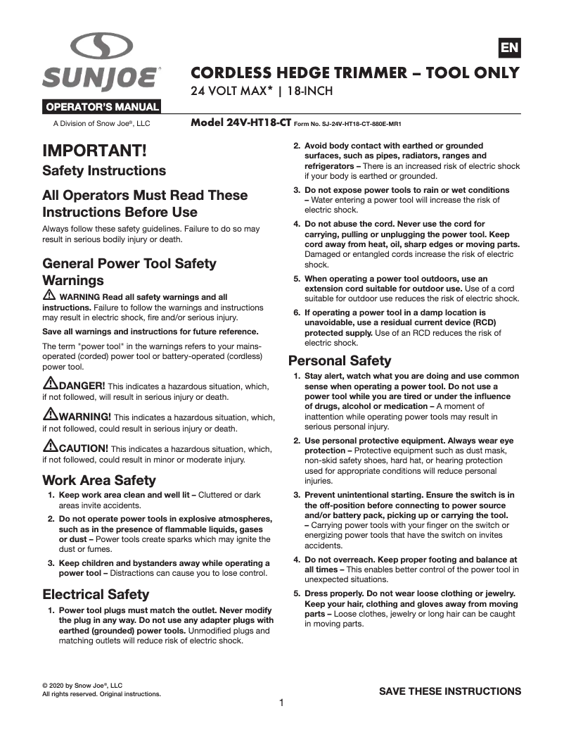Page 1 of the manual User Manual Sun Joe 24V-HT18-CT