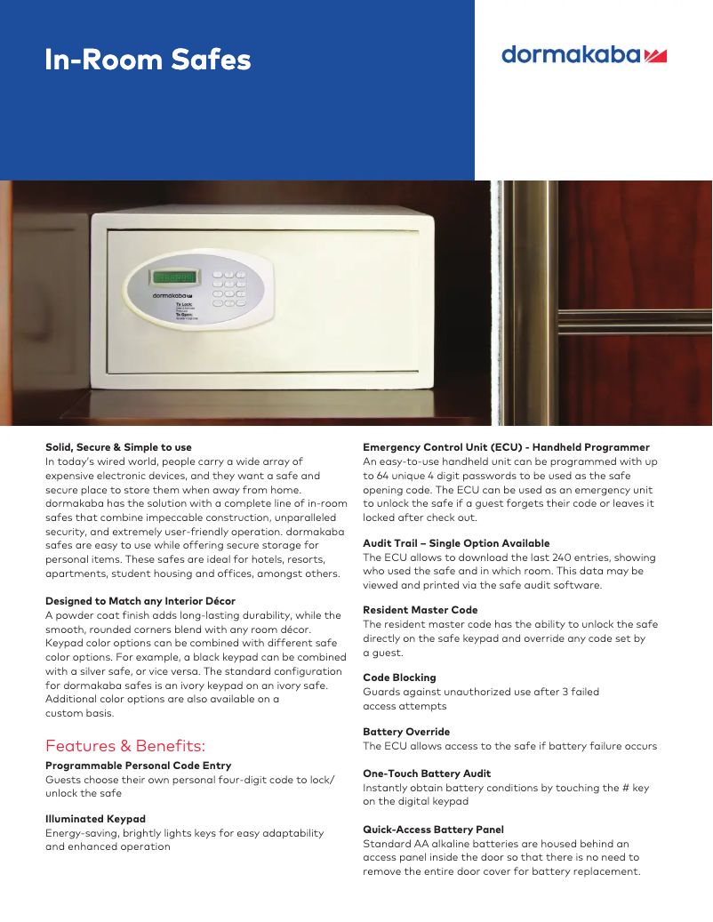 Page 1 of the manual User Manual Dormakaba In-Room Safes