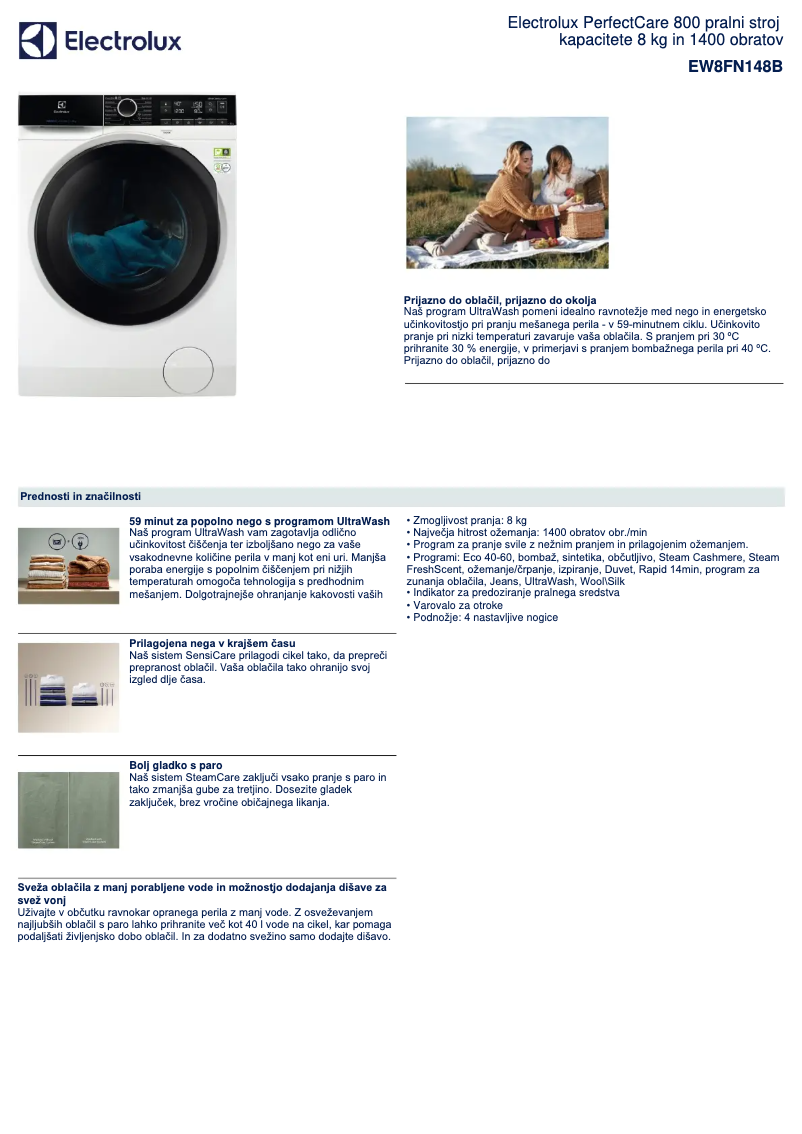 Page 1 of the manual Technical Sheet Electrolux EW8FN148B