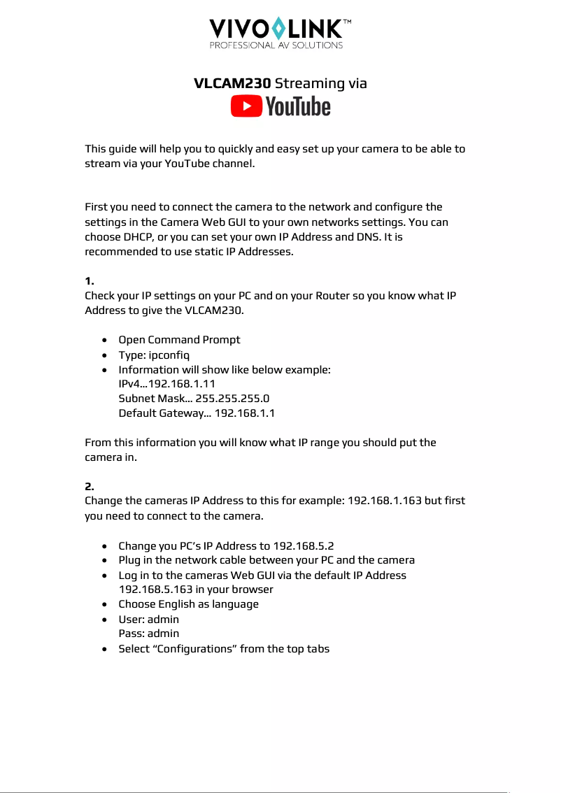 Page 1 of the manual User Manual Vivolink VLCAM230