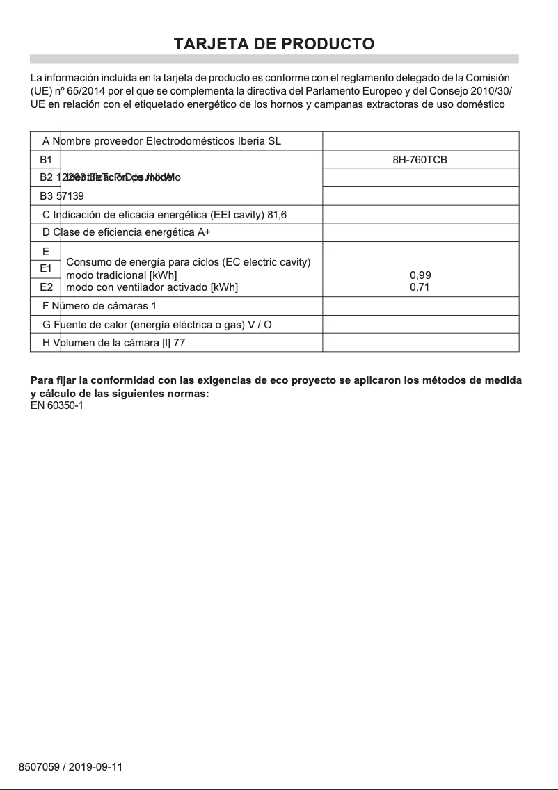 Page 1 of the manual Technical Sheet Fagor 8H-760TCB