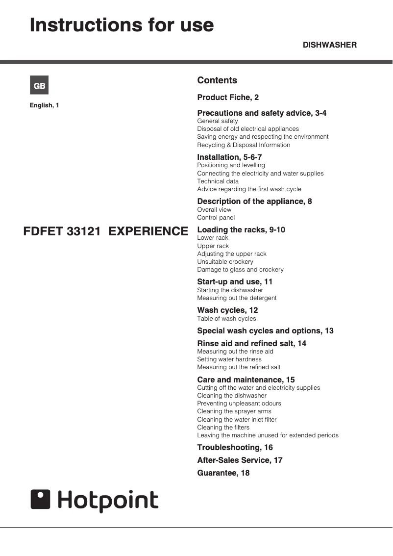 First page image of the manual for FDFET 33121 K Ecotech