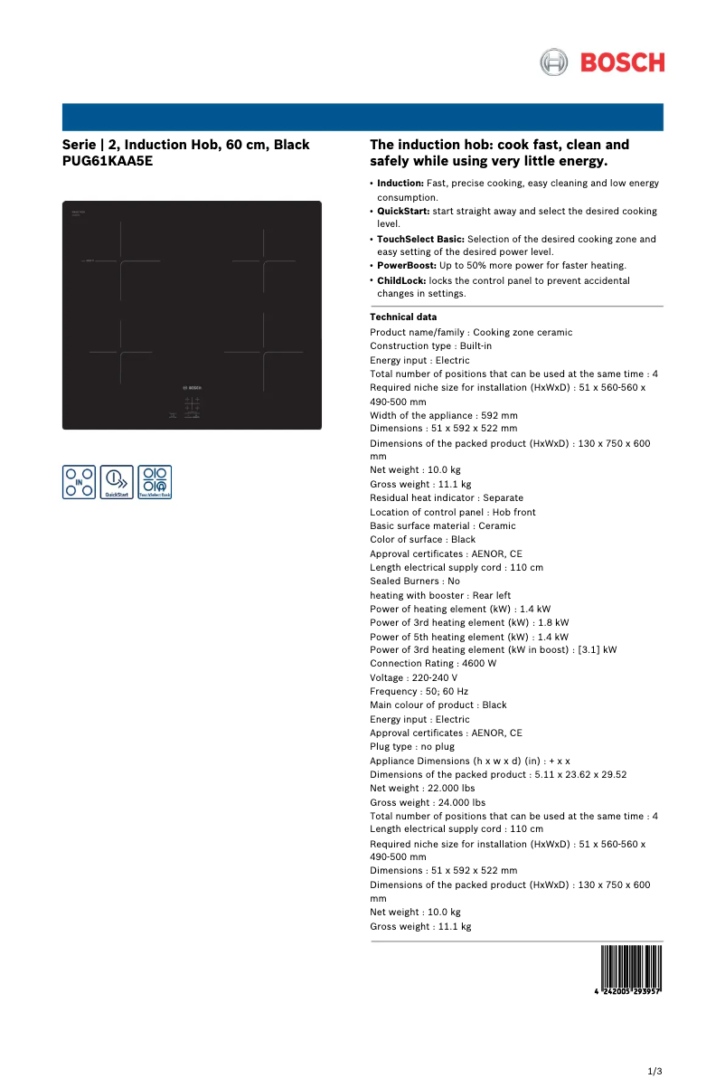 First page image of the manual for PUG61KAA5E