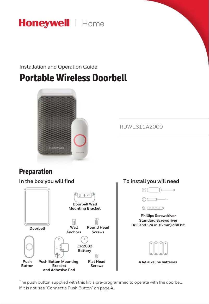 Page 1 of the manual User Manual Honeywell RDWL311A
