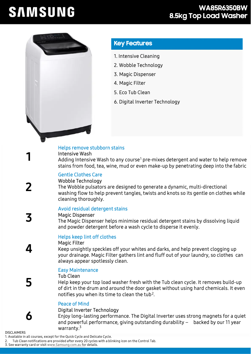 Page 1 of the manual Technical Sheet Samsung WA85R6350BW