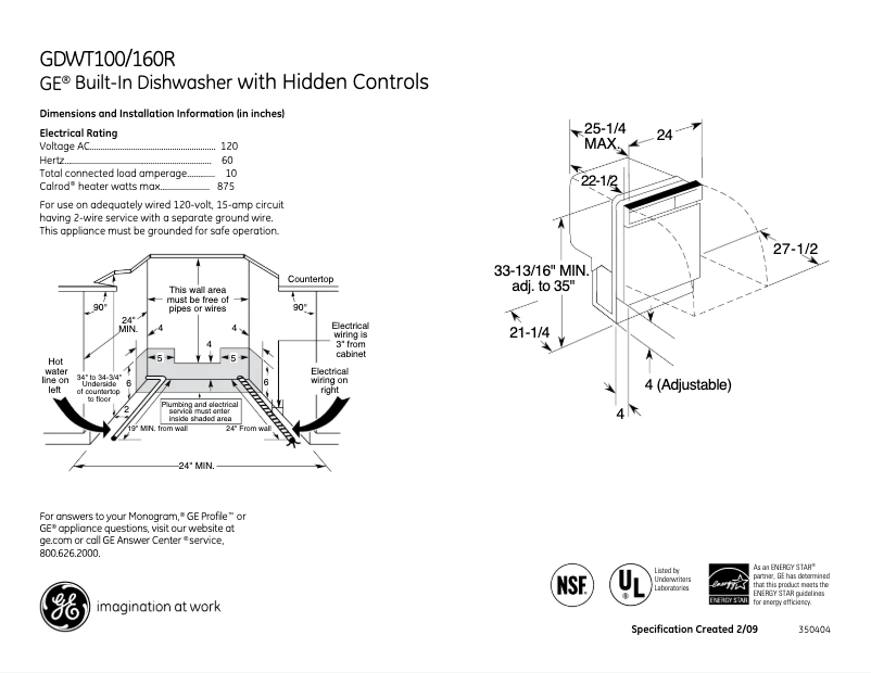 Page 1 of the manual Technical Sheet GE GDWT100RWW