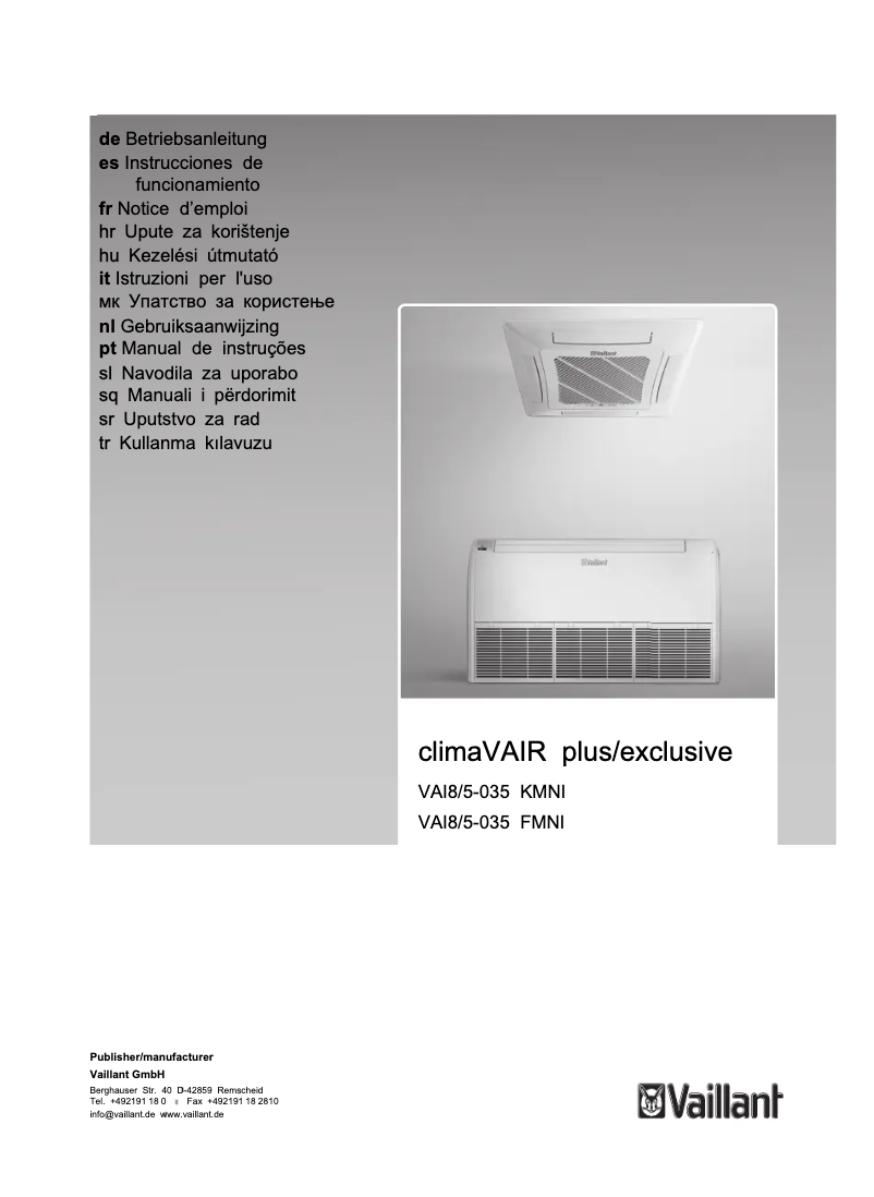 First page image of the manual for climaVAIR exclusive VAI8/5-035 KMNI