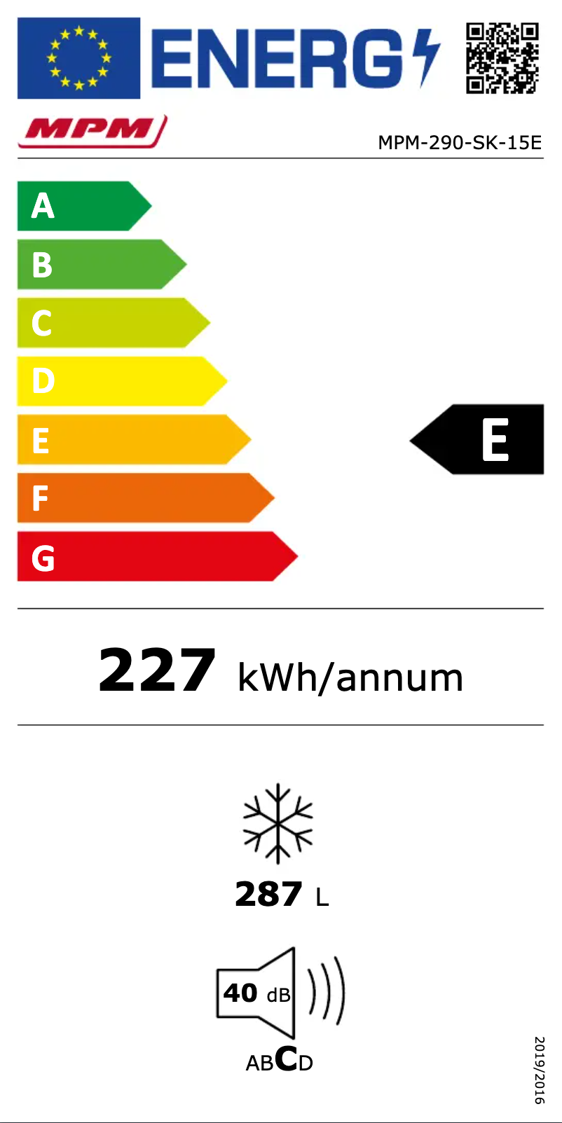 Page 1 of the manual Energy Label MPM MPM-290-SK-15E