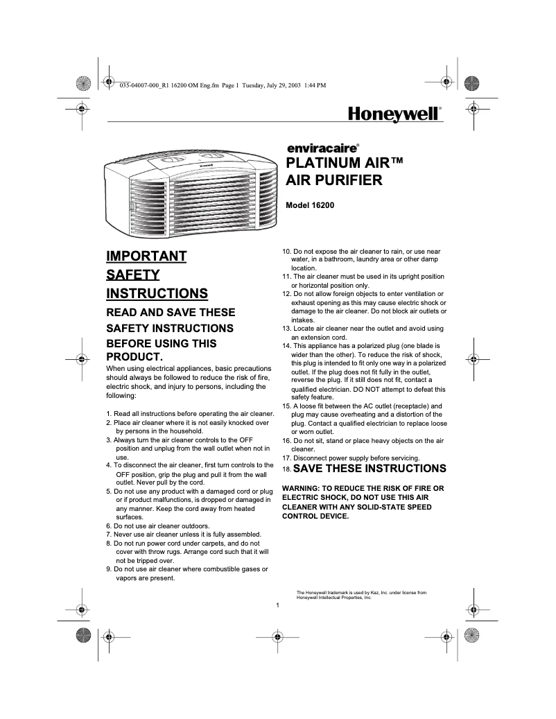 Page 1 of the manual User Manual Honeywell Low Profile HZ-617