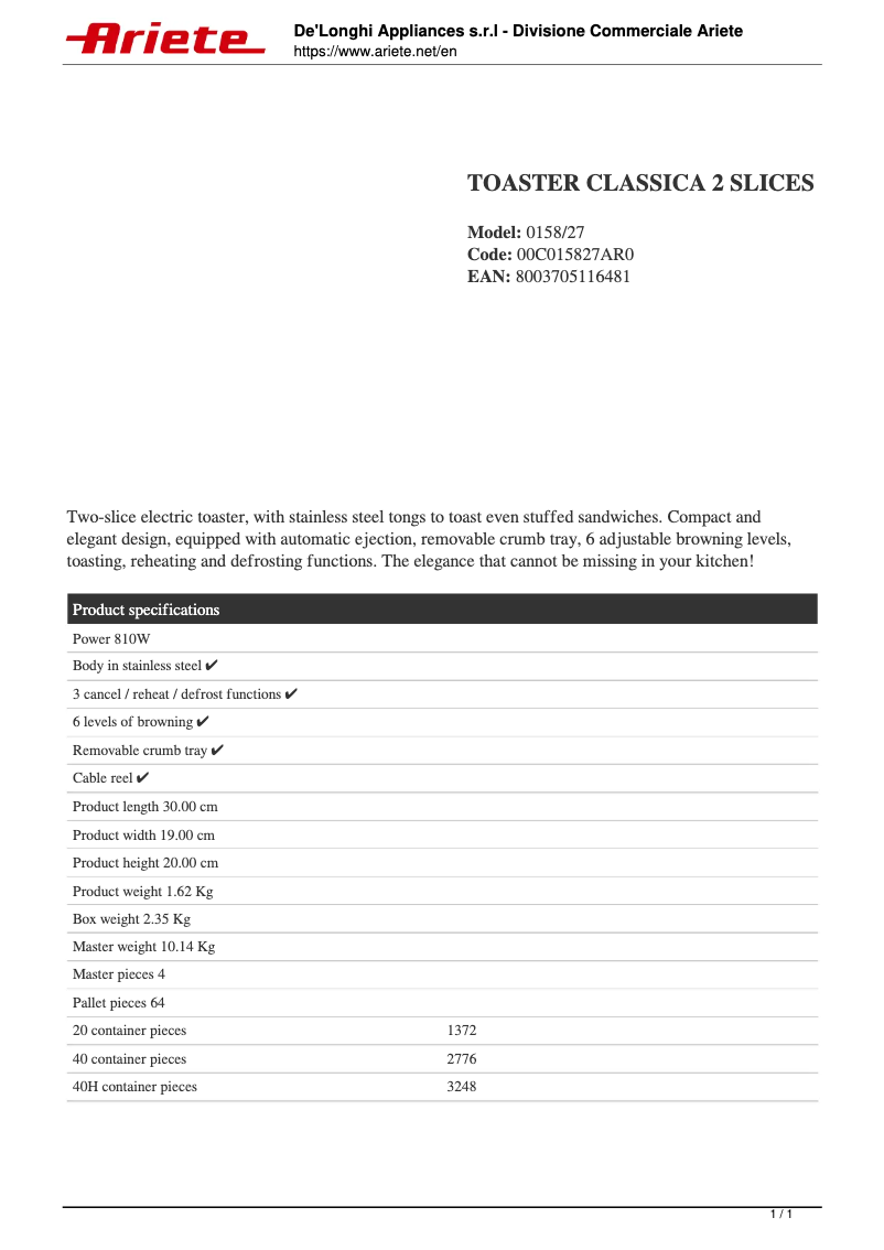 Page 1 de la notice Fiche technique Ariete 0158