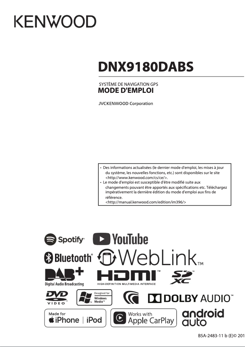 Page 1 de la notice Manuel utilisateur Kenwood DNX9180DABS