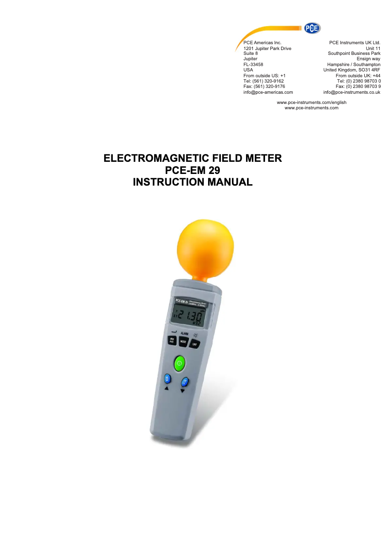 Page 1 of the manual User Manual PCE Instruments PCE-EM 29