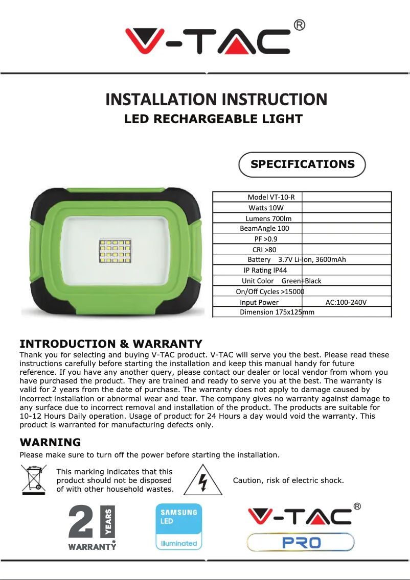 First page image of the manual for VT-10-R