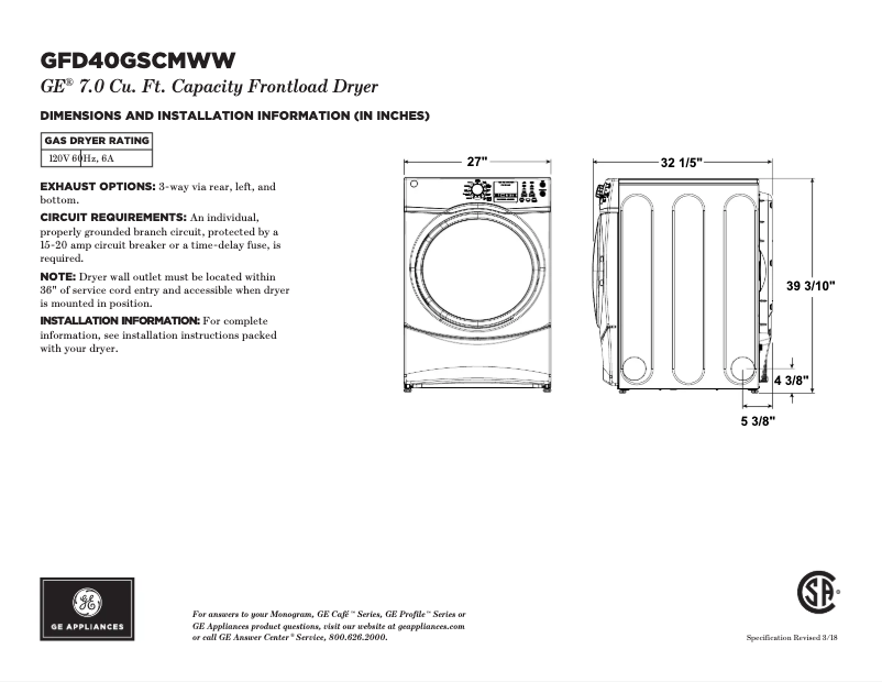 Page 1 of the manual Technical Sheet GE GFD40GSCMWW