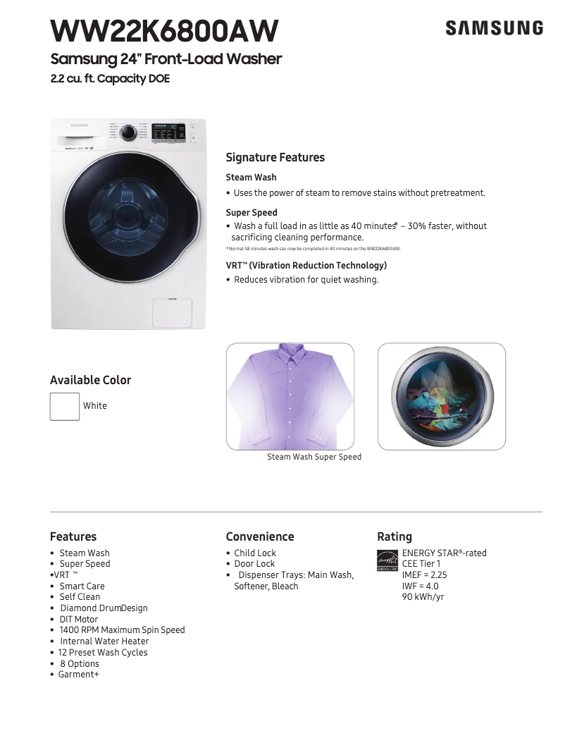 Page 1 of the manual Technical Sheet Samsung WW22K6800A