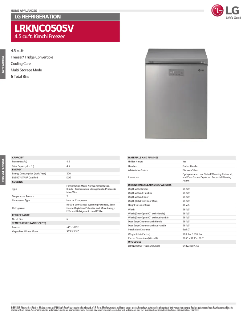 Page 1 of the manual Technical Sheet LG LRKNC0505V