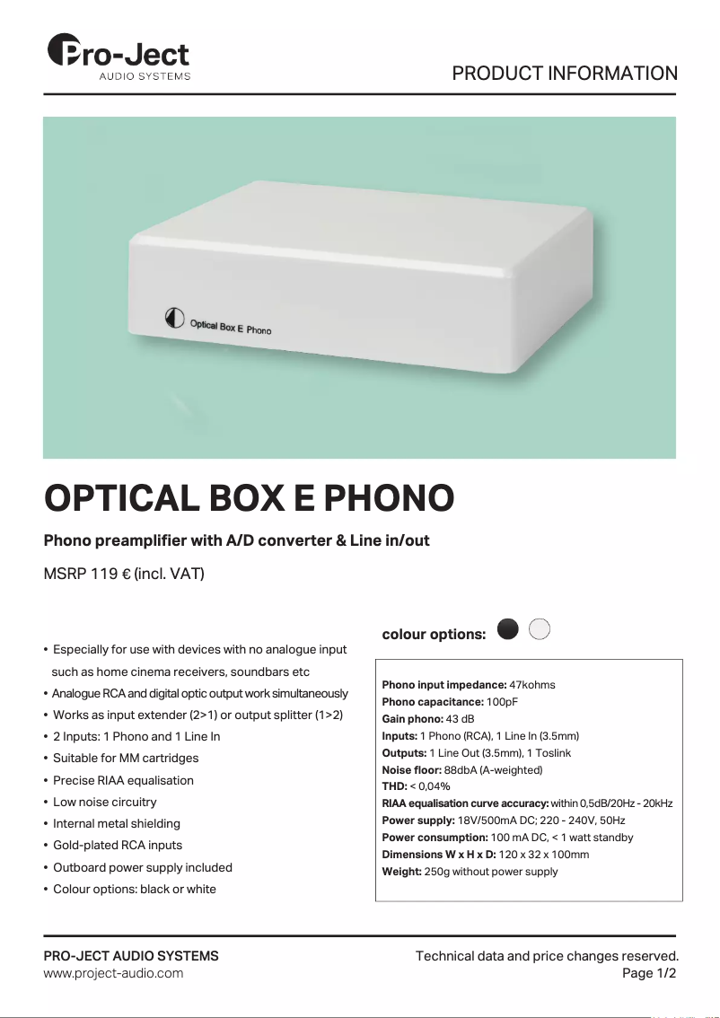 Image de la première page du manuel de l'appareil Optical Box E Phono