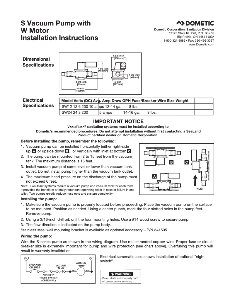 Page 1 de la notice Manuel utilisateur Dometic Pump SW24