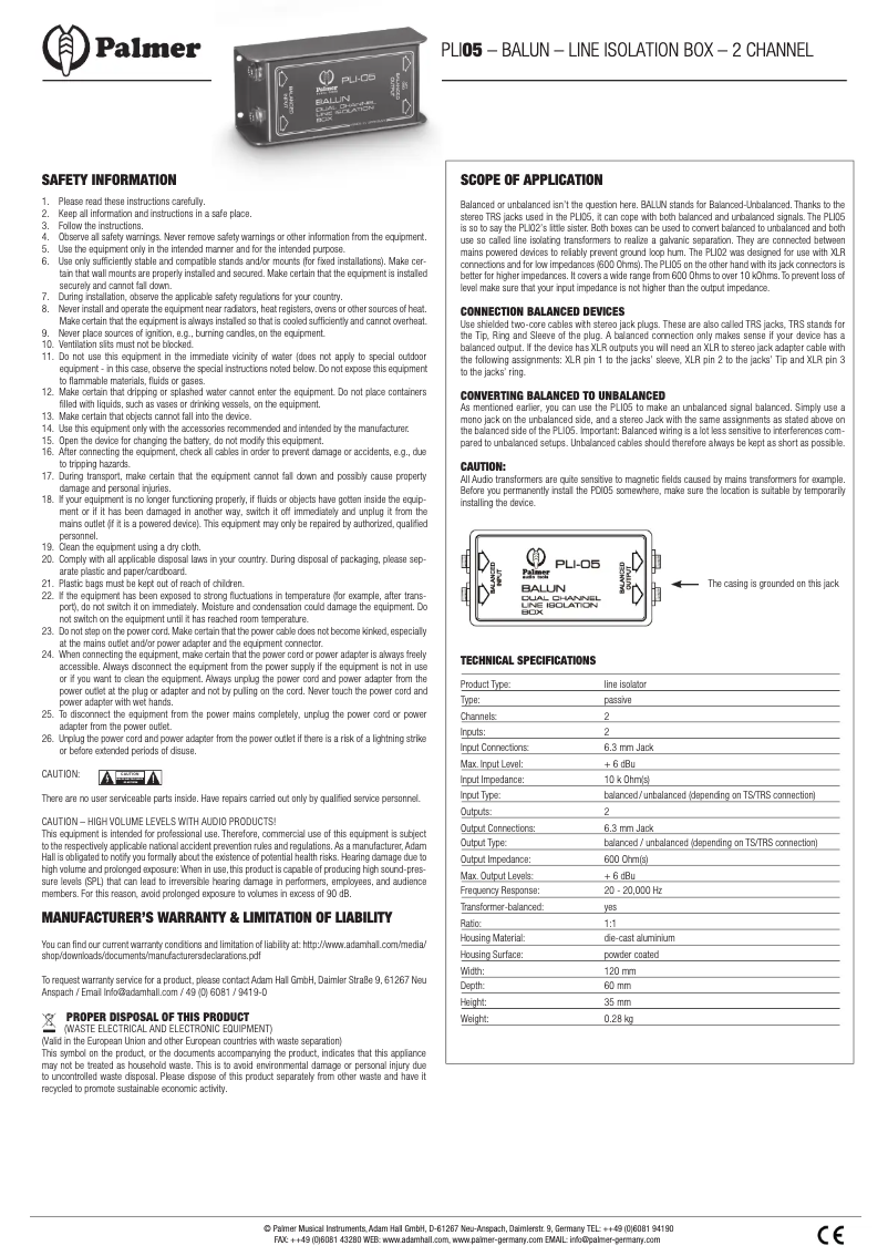 Page 1 of the manual User Manual Palmer PLI-05