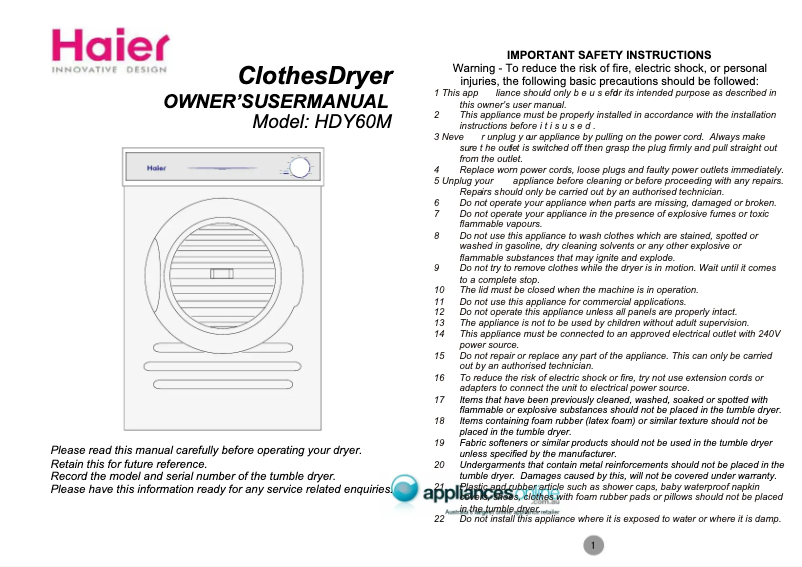 Image de la première page du manuel de l'appareil HDY60M