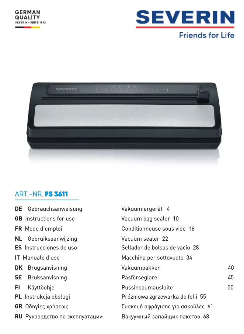 Page 1 of the manual User Manual Severin FS 3611