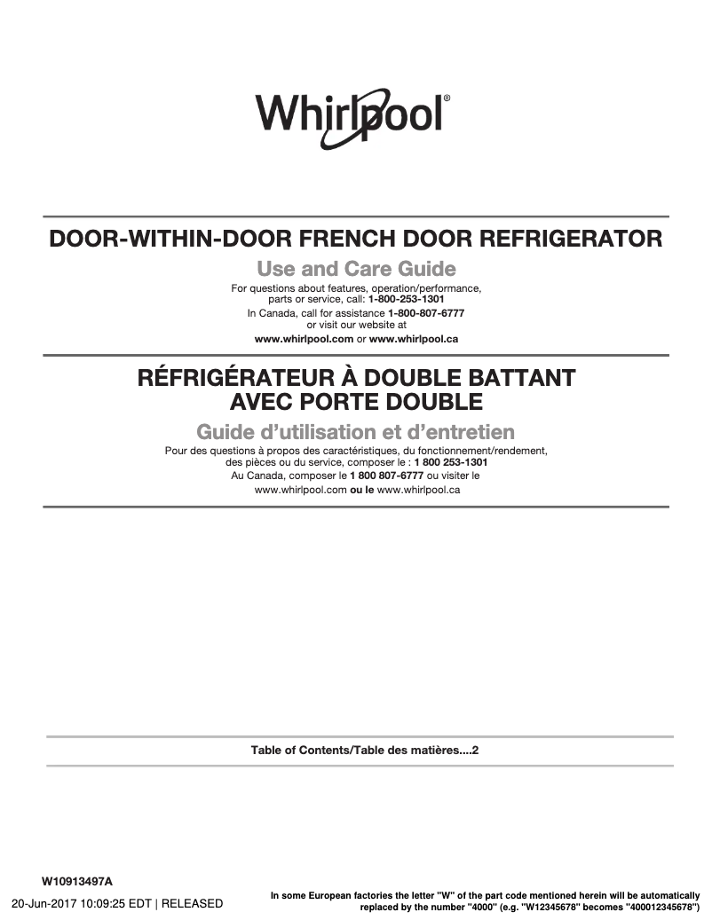 Page 1 of the manual User Manual Whirlpool WRF954CIHZ