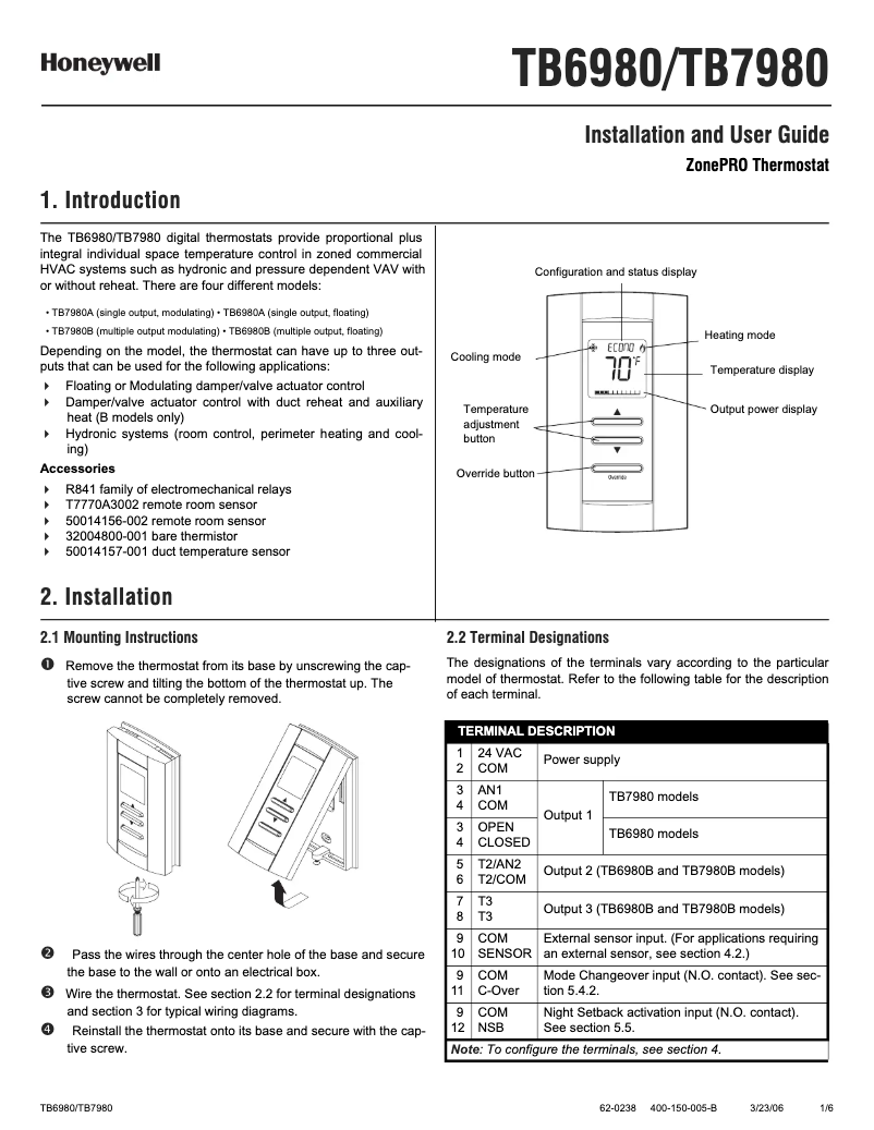 Page 1 of the manual User Manual Honeywell TB7980