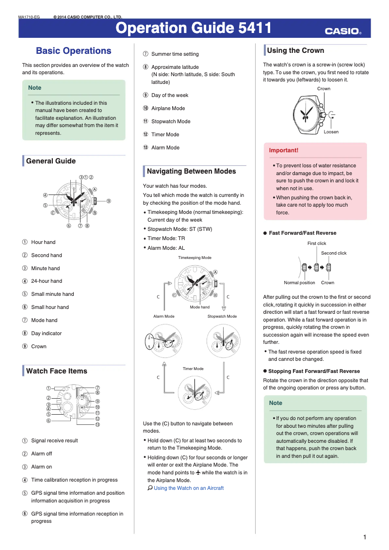 First page image of the manual for G-Shock MRG-G1000HG-9ADR