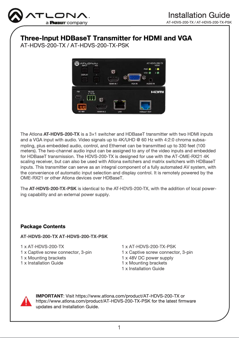 First page image of the manual for AT-HDVS-200-TX