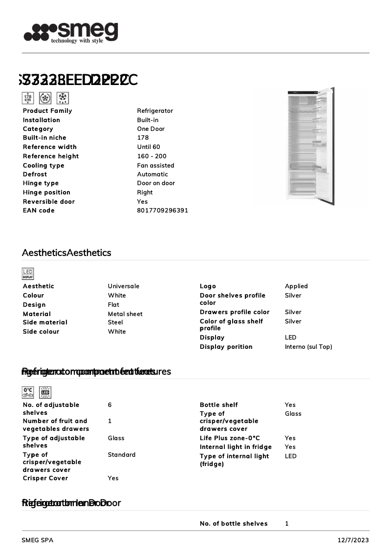 Page 1 of the manual Technical Sheet Smeg S7323LFLD2P2C