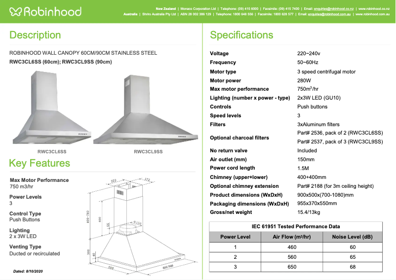 Page 1 of the manual Technical Sheet Robinhood RWC3CL6SS