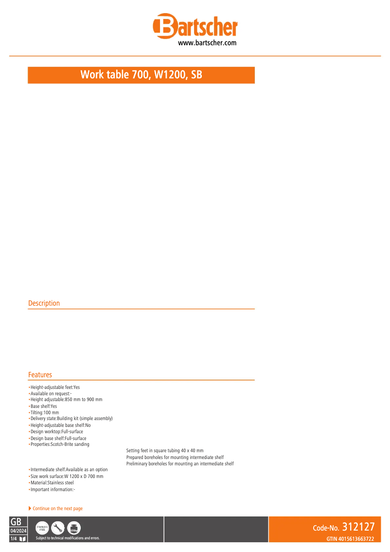Page 1 of the manual Technical Sheet Bartscher 348127