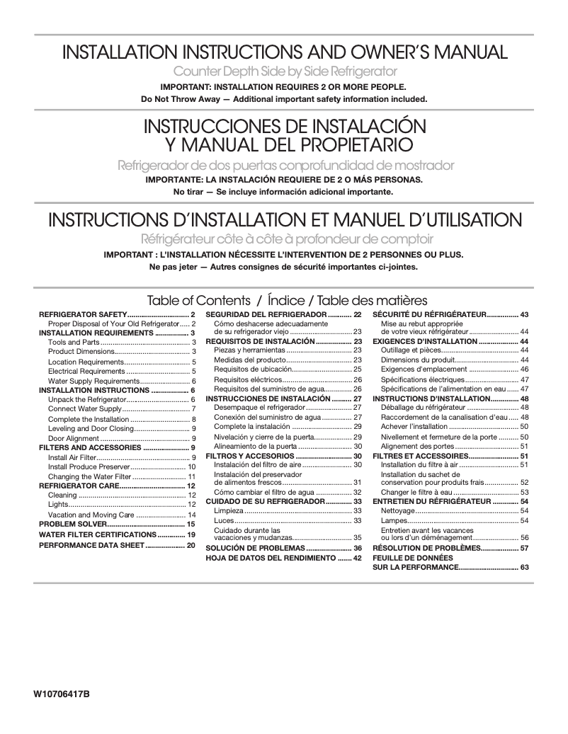 Page 1 of the manual Installation Guide Whirlpool WRS571CIDM