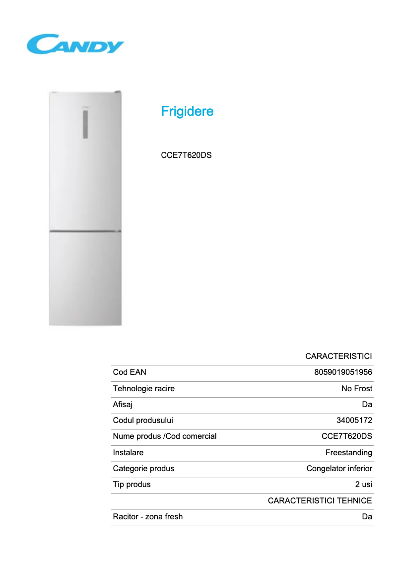 Page 1 of the manual Technical Sheet Candy CCE7T620DS