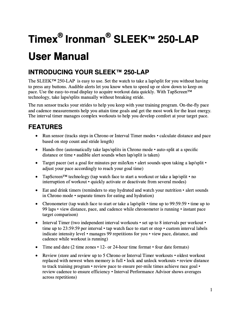 Page 1 of the manual User Manual Timex Ironman Sleek 250-LAP
