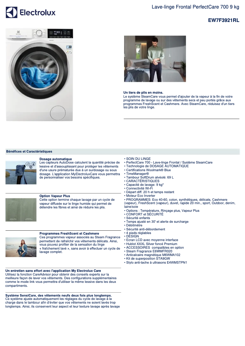 Page 1 of the manual Technical Sheet Electrolux EW7F3921RL