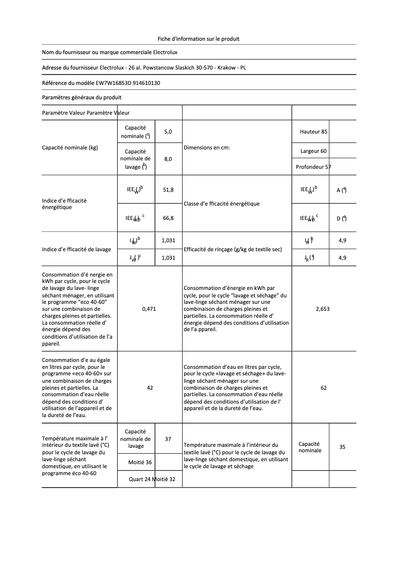 Page 1 of the manual Technical Sheet Electrolux EW7W16853D