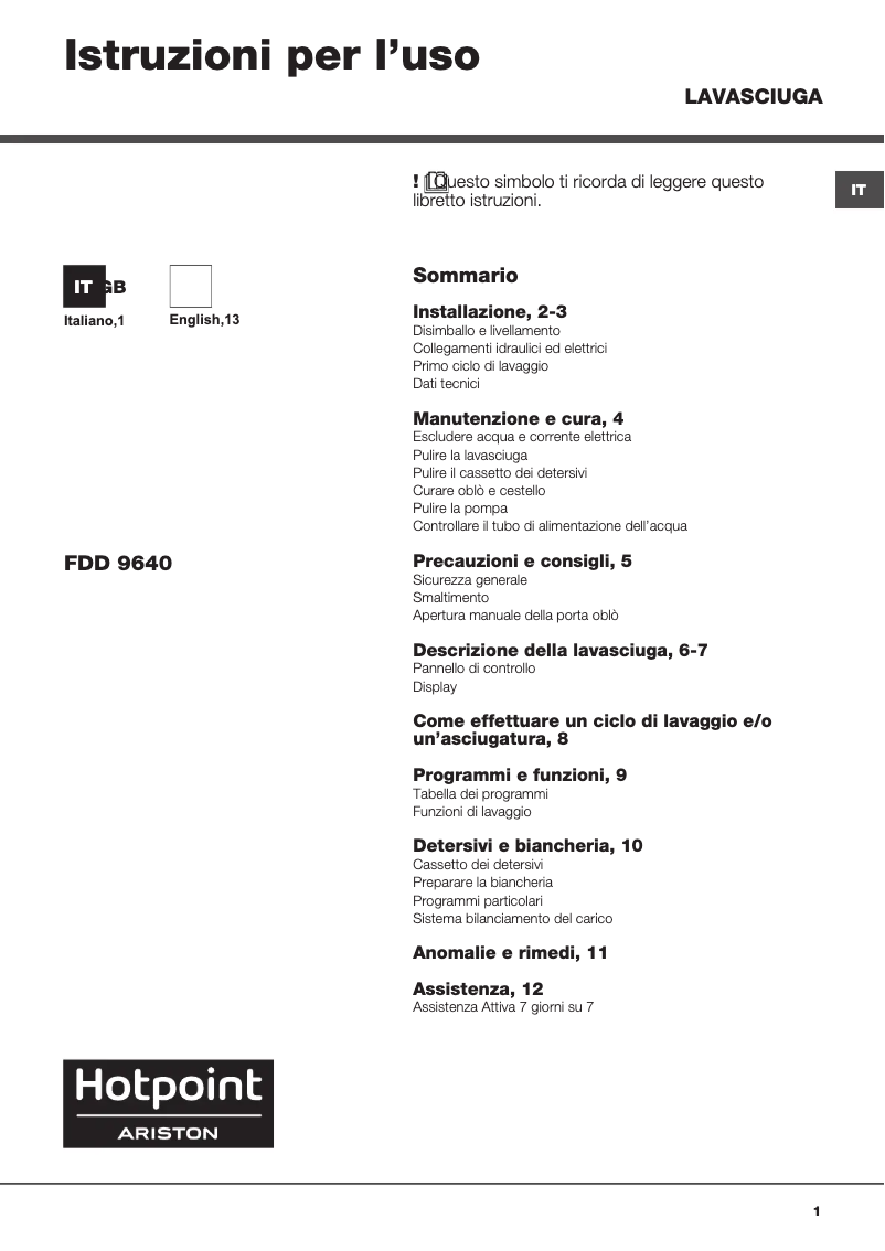 Page 1 of the manual User Manual Hotpoint FDD 9640B IT