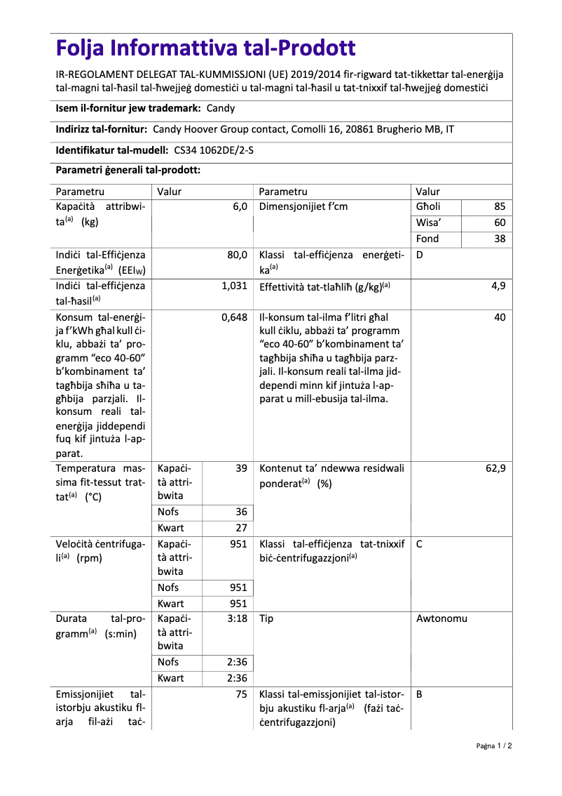 First page image of the manual for CS34 1062DE/2-S