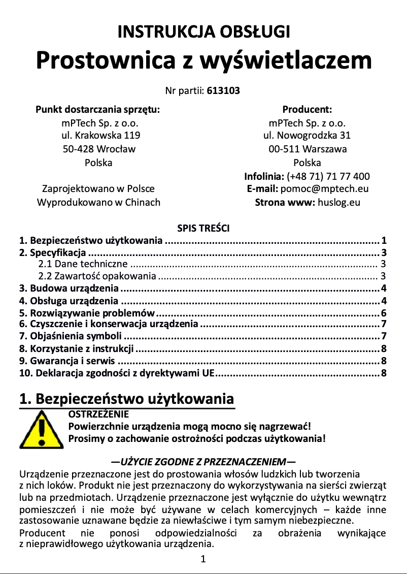 Page 1 of the manual User Manual Huslog BE-500334