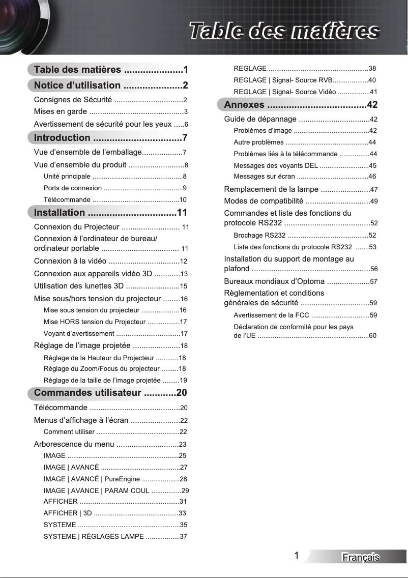 Page 1 of the manual User Manual Optoma HD300X
