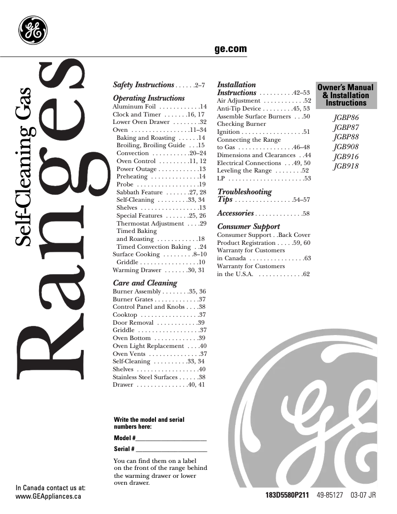 First page image of the manual for Profile JGB916BEKBB