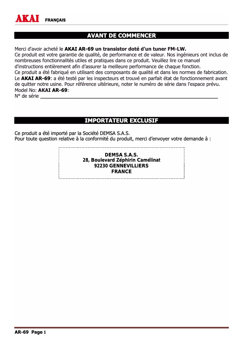 Page 1 of the manual User Manual AKAI AR-69
