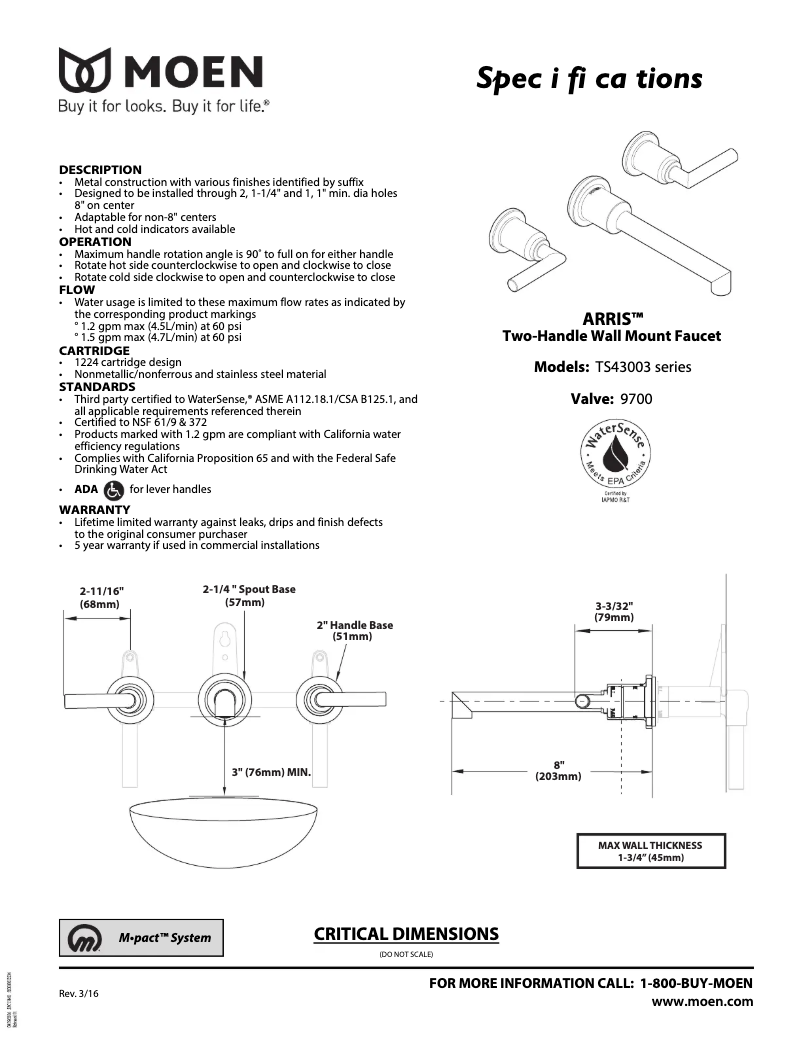 Page 1 of the manual User Manual Moen Arris TS43003